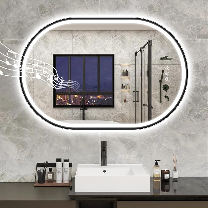 STARLEAD 24"x36" Black Frameless Oval LED Bathroom Mirror with Bluetooth Speaker, Dimmable Lighting, 3 Color Modes, Anti-Fog, Touch Control Wall Mounted Vanity Mirror