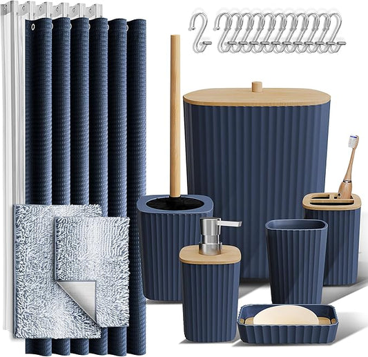 Clara Clark Bathroom Accessories Set - Bathroom Set, Bathroom Sets with Shower Curtain and Rugs, Shower Curtain Set with Bathroom Trash Can - Ombre Navy - 22PC | 22 Piece Ombre Navy Bathroom Accessories Set with Toothbrush Holder, Soap Dispenser, Soap ...
