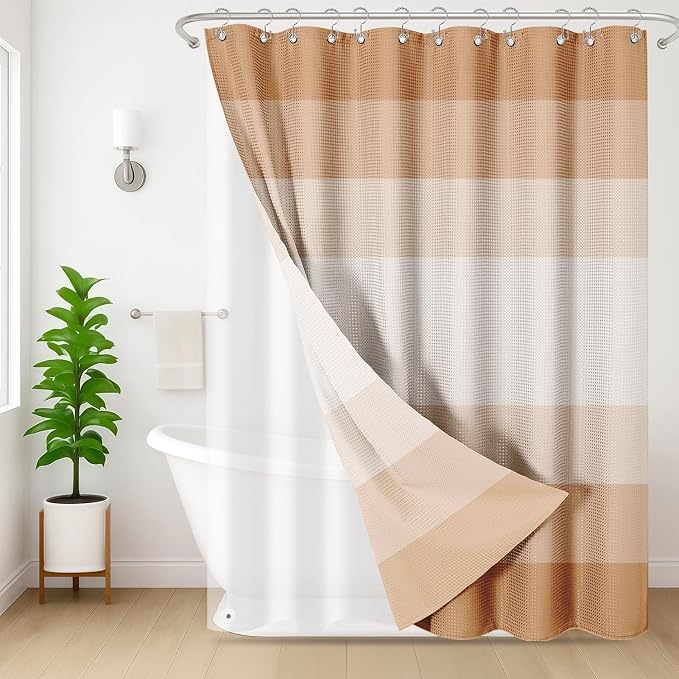 3 in 1 Shower Curtain and Liner,72 x 72 inch, Ombre Beige | Striped Shower Curtain and PEVA Liner Set with 12 Rust-Resistant Metal Hooks, Waterproof Fabric Curtains for Bathroom