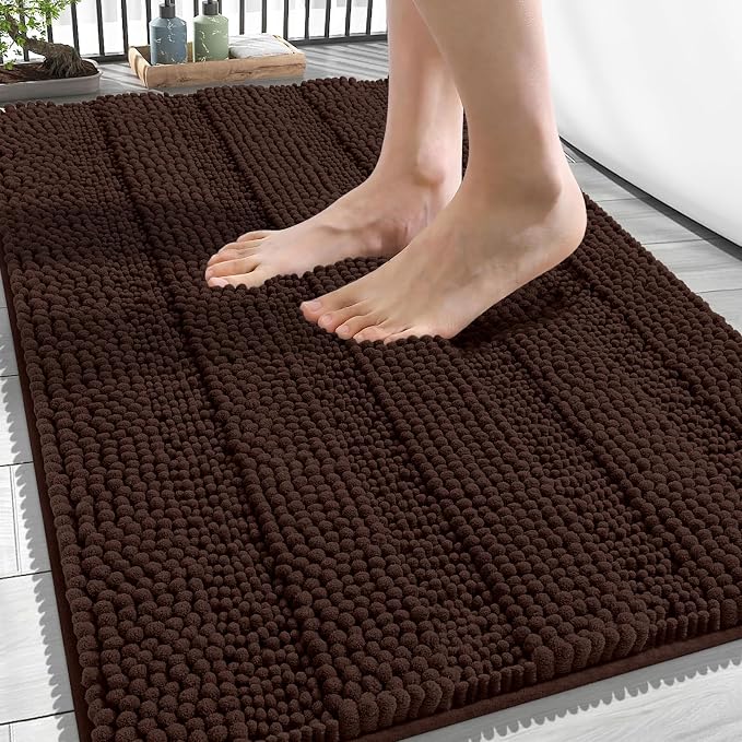OLANLY Thick Bathroom Rugs 34x21, Soft Chenille Striped Bath Rugs, Brown | Rubber Backing, Machine Wash, Extra Absorbent Bath Mats for Bathroom Floor, Tub and Shower, Home Decor Accessories