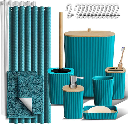 Clara Clark Teal Bathroom Set, Bathroom Sets with Shower Curtain and Rugs | 22 Piece Bathroom Accessories Set with Toothbrush Holder, Soap Dispenser, Soap Dish, Toilet Brush, and Bathroom Trash Can