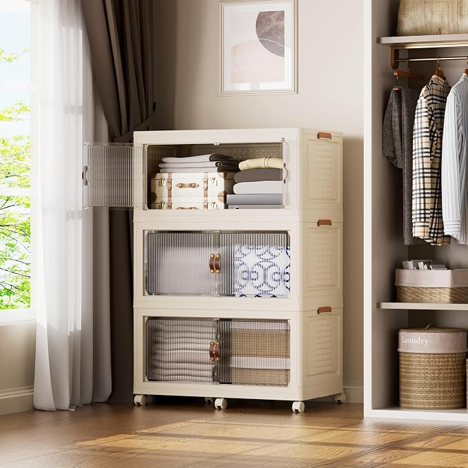 SAILUN 579Qt Stackable Storage Bins,Storage Cabinet with a Lid,3 Pack Cream | Stackable Storage Drawers with Lids,33.5" W x 19" D x 53" H,Featuring open-front Access for Clothes and Closet Storage