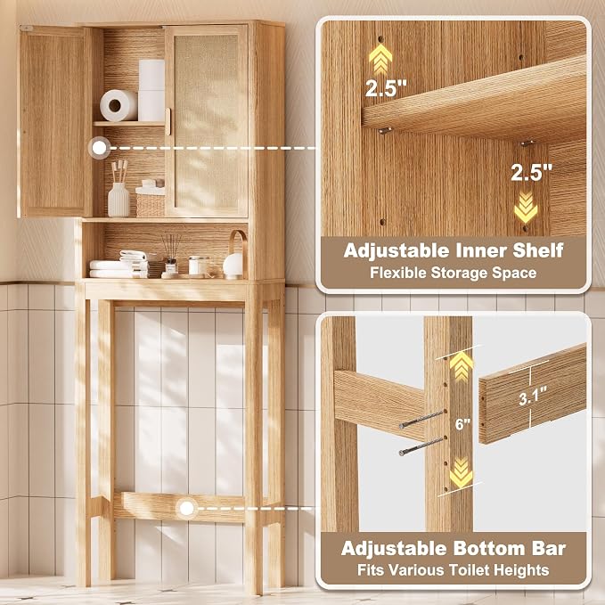 Over the Toilet Storage Cabinet, Bathroom Storage Cabinet with Rattan Doors, Bathroom Cabinet Over Toilet with Adjustable Shelf, Tall Freestanding Over Toilet Bathroom Organizer, Boho Natural Style
