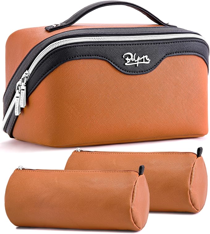 BOYATU Travel Makeup Bag Organizer Cosmetic Bag: 3 Pcs Set Make up Bags for Women with Handle - Waterproof Vegan Leather Toiletry Bags Travel Essentials Pouch with Compartments (A-07-Orange)