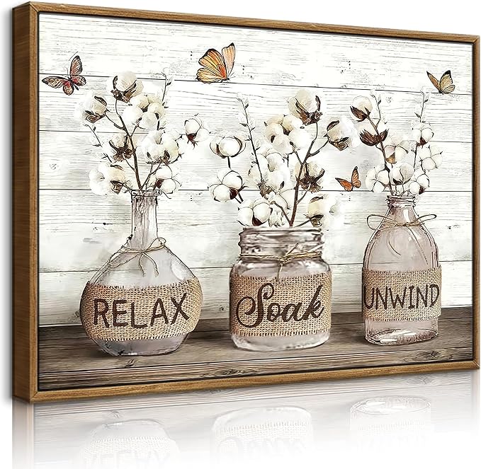 BJVJKSU Framed Farmhouse Bathroom Wall Art Brown Rustic Cotton Flower Bathroom Canvas Wall Decor Relax Soak Unwind Sign Painting Print Vintage Aesthetic Picture Artwork Decor(16x24in)