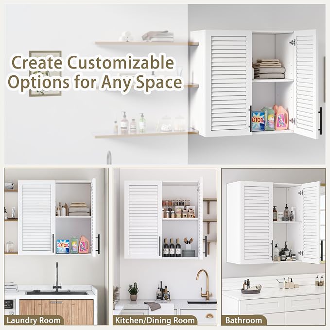 60" Laundry Room Wall Cabinet with Shutter Style Doors, Wall Storage Cabinet with Adjustable Shelf, Bathroom Wall Cabinet, Upper Storage for Laundry Room, Bathroom, Kitchen, Garage, White