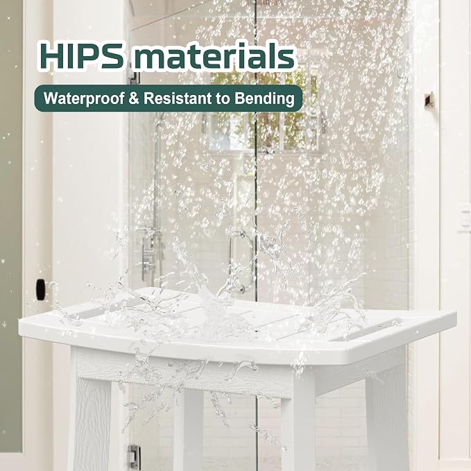 Waterproof HIPS Shower Bench for Inside Shower, Shower Stool, White | Ergonomic design, For seating and leg shaving, Wood-Look texture, Easy care, Storage shelf, Non-slip leveling feet, 350 lb