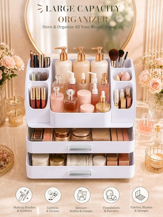 Large Makeup Organizer Countertop for Vanity Skincare Organizers | Cosmetic Display Cases with Drawers and Brushes Holders, Make up Organizers for Perfumes, Nail Polish, Lipsticks, All White