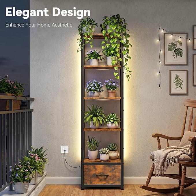 Housolution 6 Tier 60.6" Tall Bookshelf with Storage and LED Light, Brown | Narrow Corner Shelf Stand with Fabric Drawer, Bookcase Storage Organizer, Standing Shelf Unit for Small Spaces
