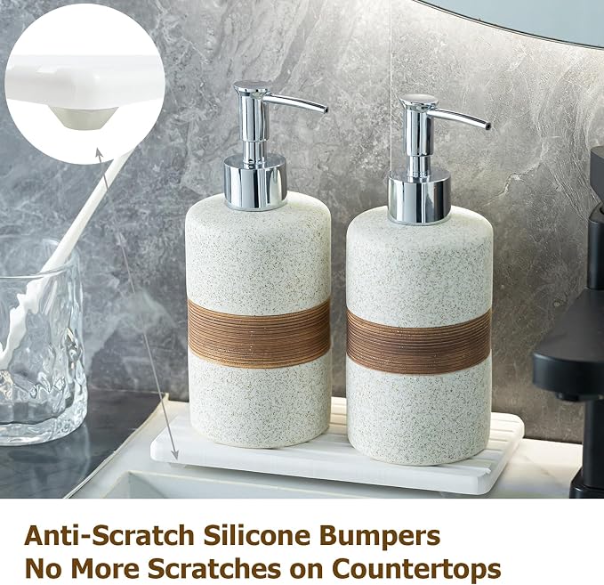 2 Pack Ceramic Soap Dispensers Set, Hand and Dish Soap Dispenser | Shampoo and Conditioner Dispenser Set, for Bathroom and Kitchen | with Stainless Steel Pump, Silicone Funnel and Tray, White