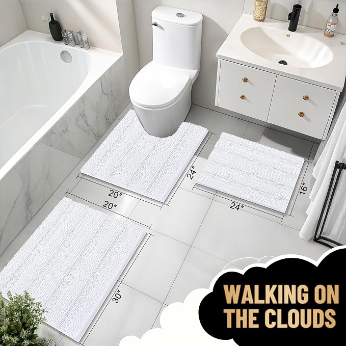 OLANLY Thick Small Bathroom Rugs 24x16, Soft Chenille Bath Rugs, White | Rubber Backing, Machine Wash, Extra Absorbent Striped Bath Mats for Bathroom Floor, Tub and Shower, Home Decor Accessories