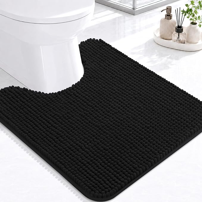 Arotive Chenille Toilet Rugs U-Shaped 24x20, Soft Absorbent Contoured Rugs | Black, Rubber Backing, Coutoured Bath Rugs for Toilet, Machine Washable Bath Mats, Home Decor Accessories