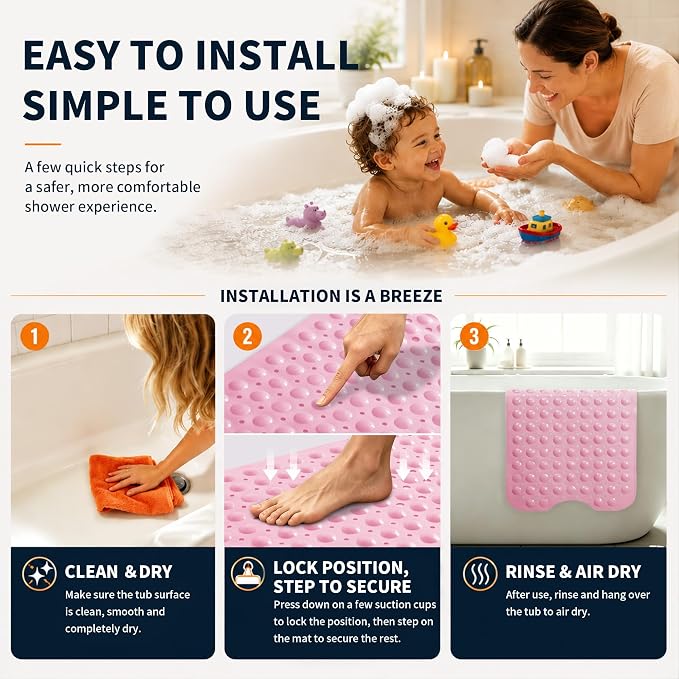 Yimobra Non Slip Bathtub Mat 40 x 16 Inch, Extra Long Shower Mat with Drain Holes, Machine Washable Baby Bath Mats, Strong Suction Cups for Bathroom Floor, Pink