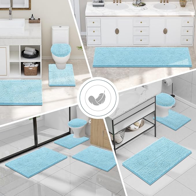 Smiry Luxury Chenille Toilet Rugs U-Shaped 20x20, Soft Absorbent Non-Slip Contour Bathroom Rugs for Toilet, Machine Washable Contoured Bath Mats, Sky Blue