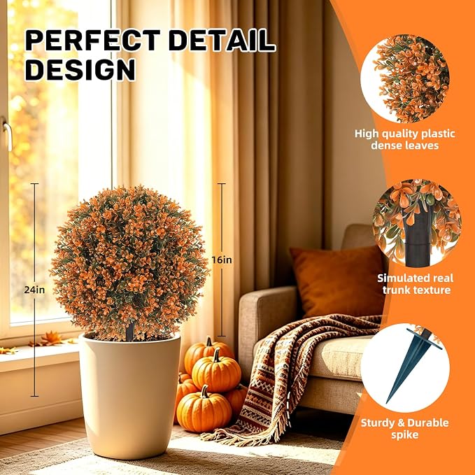 Artificial Boxwood Topiary Ball Outdoor Set of 2, Fake Bushes | Fall UV Resistant,Fake Plants with Ground Spike,Faux Boxwood Trees Shrubs for Outdoor Indoor Garden Porch Home Decor