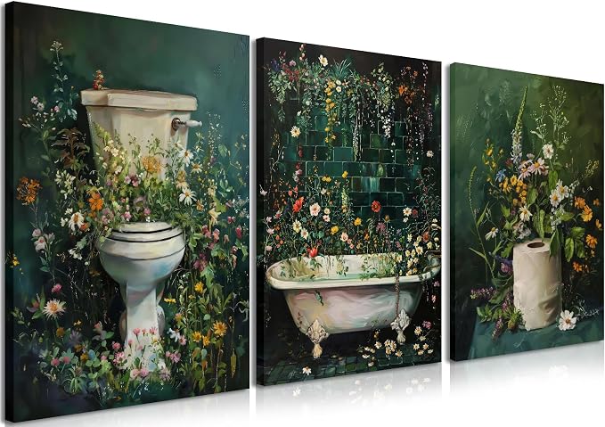 Framed Vintage Floral Bathroom Wall Art Set of 3, Dark Green Moody Flower Canvas Prints, Rustic Cottagecore Wildflower Paintings for Toilet Restroom Home Decor 12x16 inch