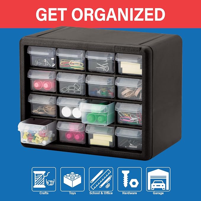 Akro-Mils 16-Drawer Plastic Storage Cabinet, 10.5"W x 6.5"D x 8.5"H, Black | Plastic Cabinet w/ Drawers for Garage Organization, Beads, Makeup Organizer, Building Bricks Storage, Teacher Toolbox, 10116