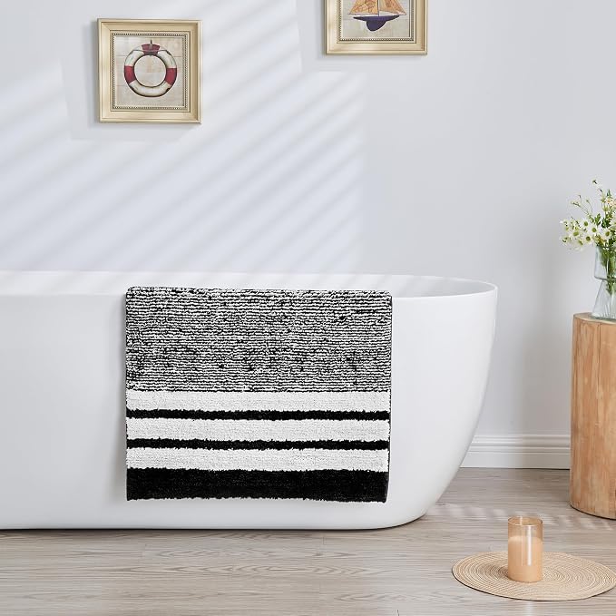 CozeCube Jet Black Striped 36"x24" Non Slip Washable Bath Mat | For Bathroom, Fluffy Absorbent Microfiber Bath Mats Machine Wash, Stylish Large Aesthetic Bathroom Rugs