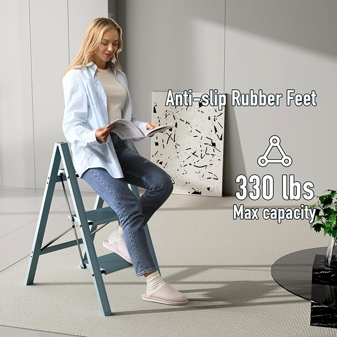 Mayi Plus 3 Step Stool Foldable, Aluminum, Lightweight Step Ladder | Extra-wide anti-slip folding steps with 330 lbs, for home,kitchen,office,outdoor,office,Blue