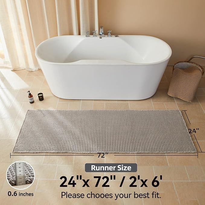 Triohero Waffle Runner Bath Mat - Long Bathroom Rugs Non Slip Washable, Ultra Soft Super Absorbent Quick Dry Boho Farmhouse Bathroom Decor, 24" x 72", Light Grey