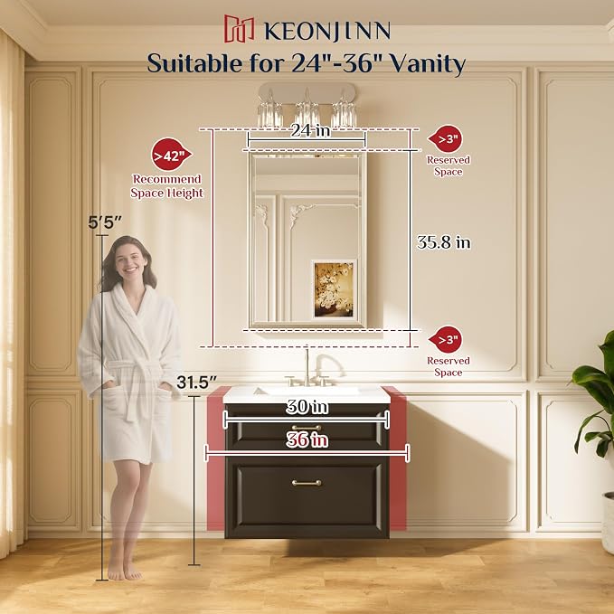 Keonjinn Brushed Nickel Bathroom Mirror 24 x 36 Inch, Aluminum Alloy Frame | Safe Tempered Glass with Beveled Edge, Clear Reflection, Secure French Cleat, Transitional Rectangle Vanity Mirror, Entryway