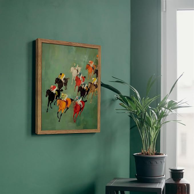 Framed Vintage Abstract Wall Art, Retro Horse Racing Scene Poster Prints, Modern Classic Equestrian Canvas Artwork, Energetic Vibrant Sports Wall Decor for Living Room Office Game Room 12x16in