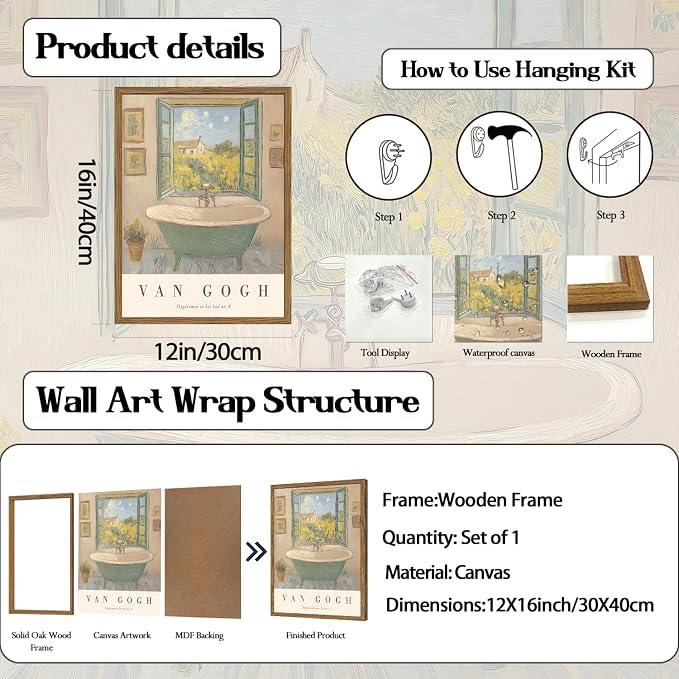 Vintage Van Gogh Bathroom Wall Art Cute Impressionist Bathtub Wall Decor Picture Rustic Farmhouse Bathroom Canvas Painting Print 12x16 inch Wood Framed