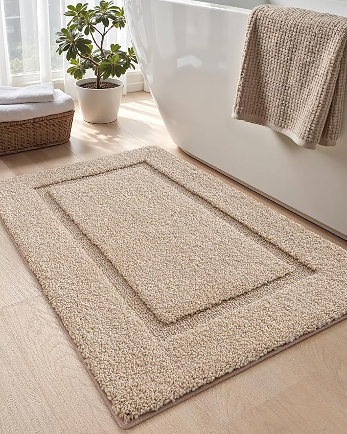 DEXI Bath Mat 24x16, Absorbent and Non Slip Bathroom Rugs, Beige | Soft Plush Microfiber Bathmat, Machine Washable & Quick Dry, Rubber Back Small Rug for Shower, Tub, Sink