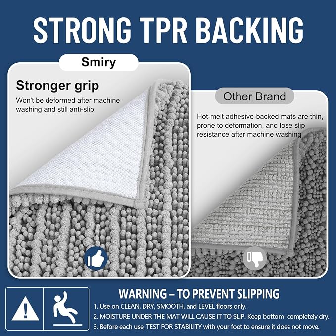 Smiry Bathroom Rugs 40X32, Extra Soft Rubber Backing Chenille Bath Mats | Light Grey Machine Washable Non Slip Quick Dry Bath Mats for Bathroom Floor, Tub, Shower, Home Decor Accessories