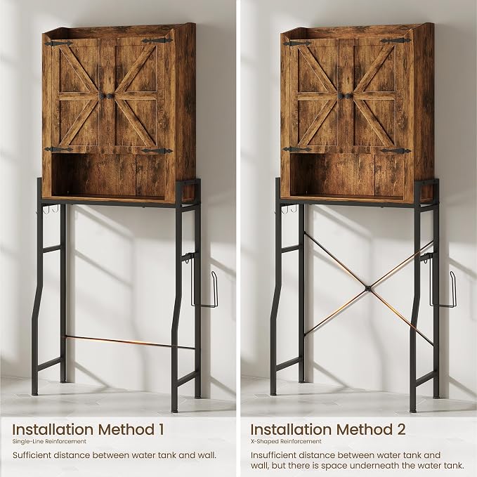 Over The Toilet Storage Cabinet with Metal Stand, Rustic Brown | Toilet Paper Holder, 3 Extra Hooks, Anti-Tipping Device, With Adjustable Shelves, for Bathroom, Restroom, Laundry