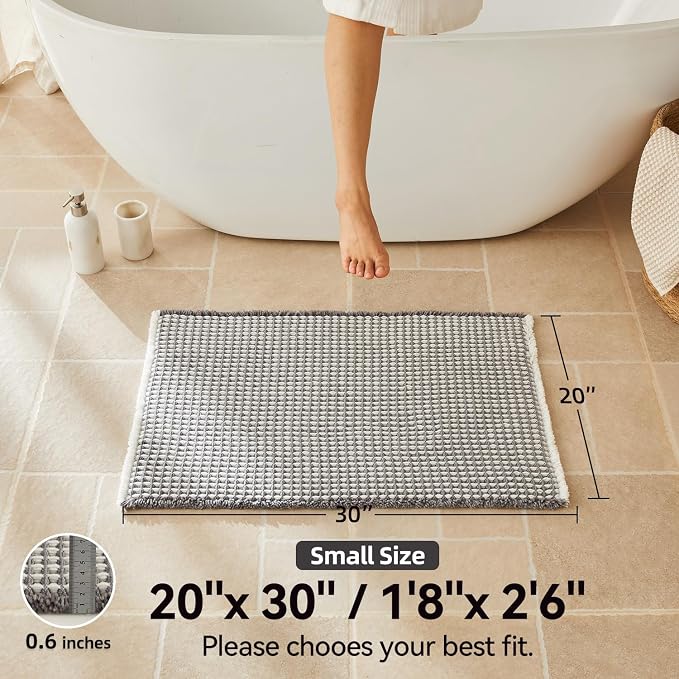 Triohero Waffle Bath Mat, Boho Bathroom Rugs Non Slip Washable, Ultra Soft Super Absorbent Quick Dry Farmhouse Bathroom Decor, 20" x 30", Grey & White