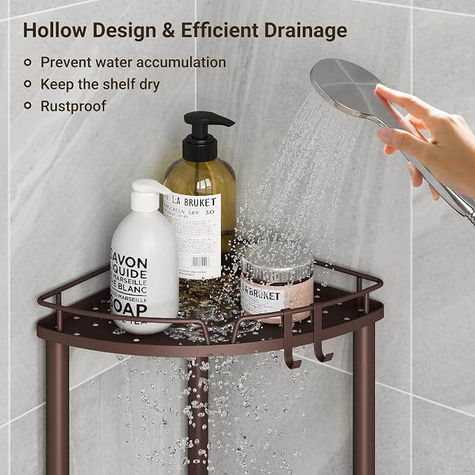 ELYKEN Corner Shower Caddy Standing, 3 Tier Metal Shower Organizer, Bronze | Stainless Steel Shower Shelves with Soap Holder, Adjustable Feet & 2 Hooks for Storing Bath Essentials in Bathroom corner