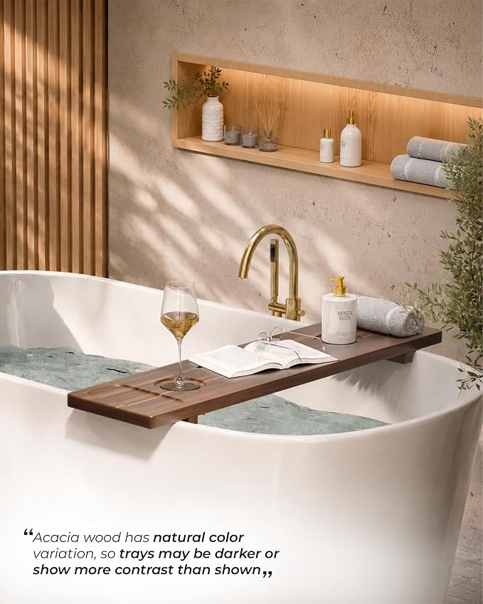 Acacia Wood Bathtub Caddy Tray 34.6" Adjustable Bath Tray for Tub | Bathtub Tray With Non-Slip Grip, Water-Resistant Wood & Stable Expandable Design Keeps Bath Essentials Secure & Within Reach