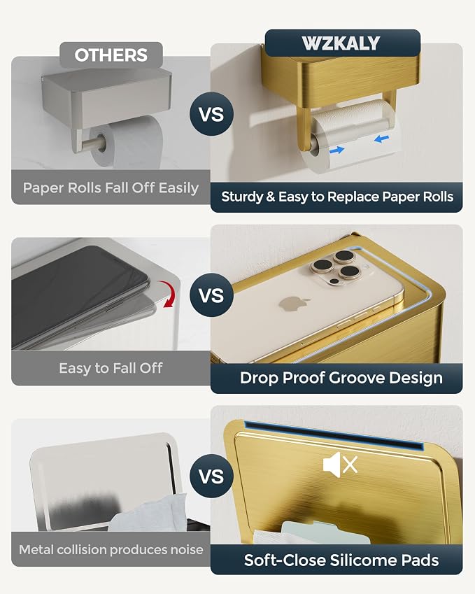 Toilet Paper Holder with Shelf, Wipes Holder for Bathroom, Flushable Wipes Dispenser, Stainless Steel Toilet Paper Roll Holder with Storage for Wet Wipes Wall Mounted (Gold, Regular Roll)