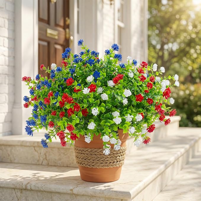 Hananona 48 Pcs Artificial Flowers Outdoor, Faux Artificial Plants UV Resistant Plastic Patriotic Flower Bulk for 4th of July Hanging Planter Porch Window Home Summer Decor (48, Red, White, Blue)