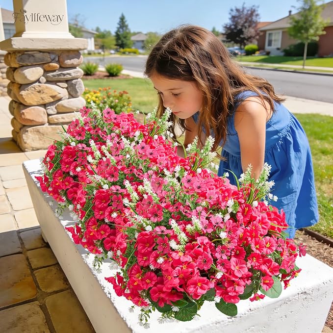 16 Bundles UV Resistant Silk Artificial Outdoor Flowers for Window Box | Mixed Color Realistic Anti-Fade Faux Flowers for Outside Planters,Garden,Porch,Patio,Yard,Home Decor(Hot Pink)