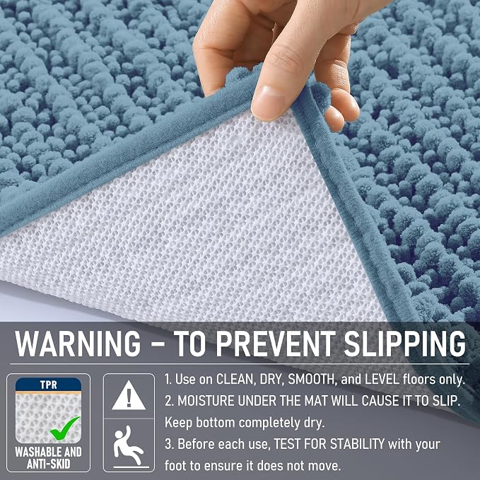 OLANLY Bathroom Runner Rugs 47x17, Thick Soft Absorbent Chenille Bath Rugs | Airy Blue, Quick-Drying Rubber Backing, Long Shaggy Bath Mat, Washable for Floor, Tub and Shower, Home Decor Accessories