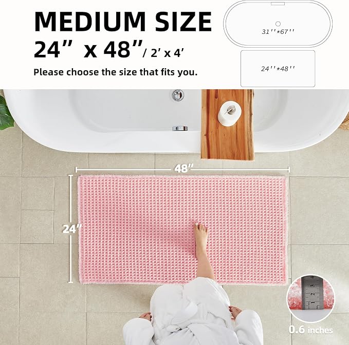 TYUU Light Peachy Pink Bathroom Rugs, Waffle Bath Mat Non Slip Washable Quick Dry Cute Bath Mat Boho Farmhouse Bathroom Decor, 48"x24" Light Peachy Pink