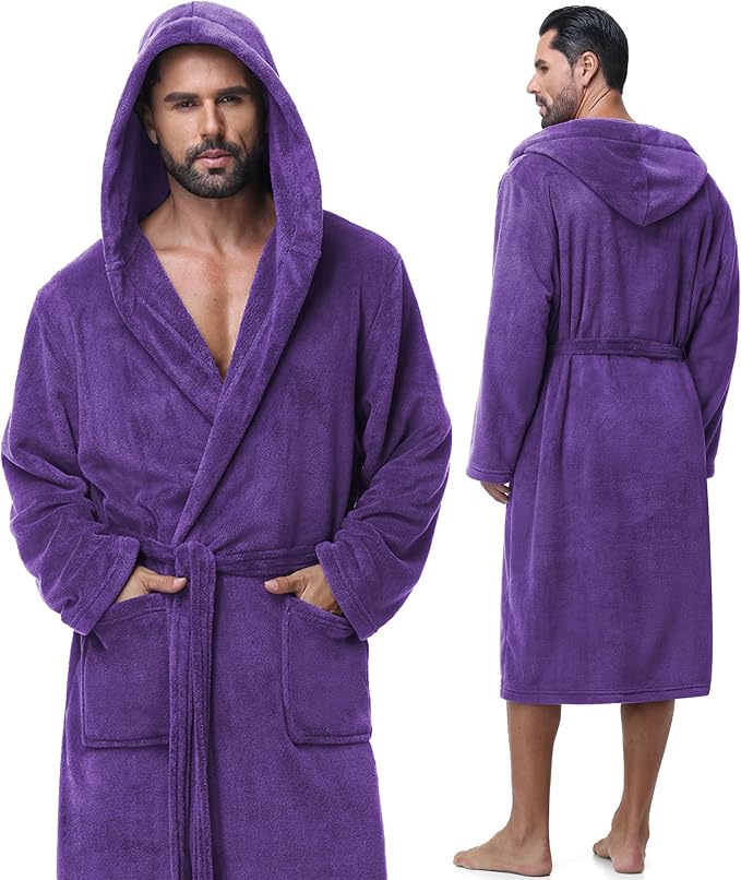 Absorbent Fleece Mens Robe with Hood Warm Cozy Ultra Soft Bathrobe Luxury Quick Dry Spa Towel Robe for Men