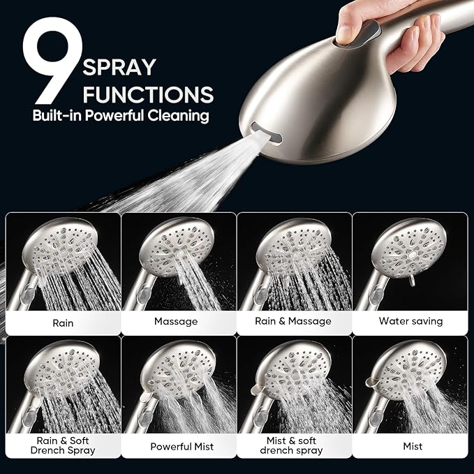 Cobbe 9 Spray Modes Handheld Shower Head, Water-Saving, Brushed Nickel | Power Rinse, 1-Click Pause & Flow Control, 6ft Stainless Steel Hose, Adjustable Brass Bracket