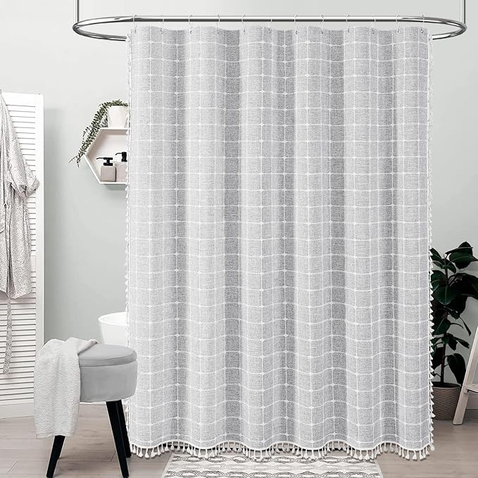48x72 Boho Farmhouse Linen Heavy Duty Shower Curtain Set, Gray/Grey | Stall Size, 330GSM Linen Blend, 3-side Tassels, Water Repellent Fabric, 8 Plastic Hooks, Rustic Bohemian, Machine Washable