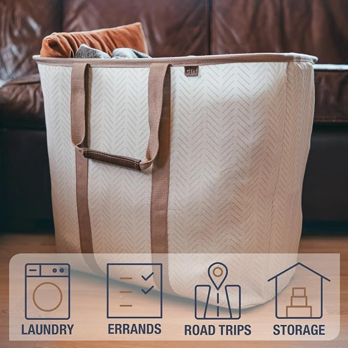 CleverMade Collapsible Laundry Caddy LUXE, 64L Pop-Up Hamper, 2 Pack, Mocha | Upgrade Visible Laundry Storage | Refined Fabric and Vegan Leather Suit Open Rooms, While Structured Frame Carries 2 Loads