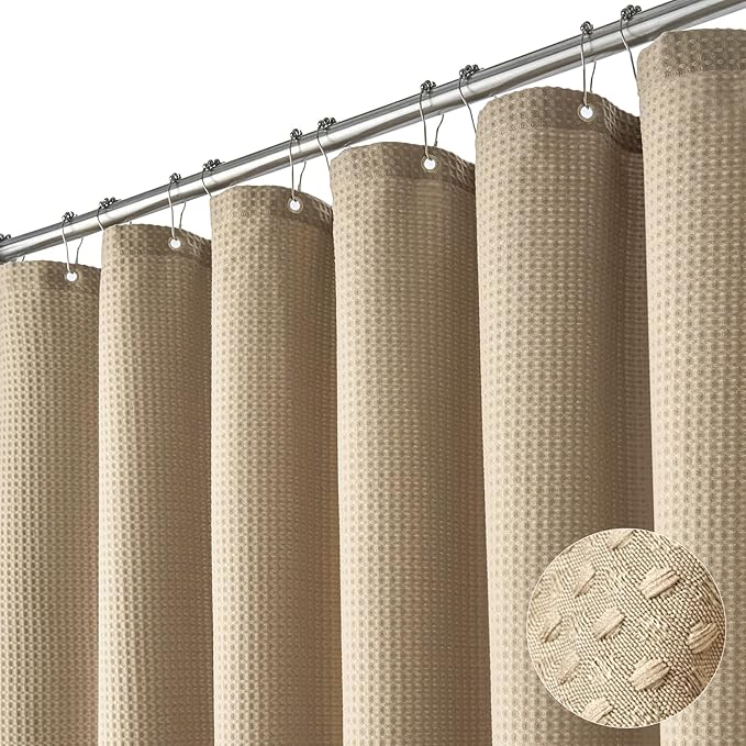 Extra Wide Waffle Shower Curtain 256 GSM Fabric 108x72 Beige/Khaki | 108 Inch Wide, Thick Polyester Cloth, Weighted Hem, Water Repellent, Washable, Hotel Shower Curtain Set for Bathroom 18 Hooks