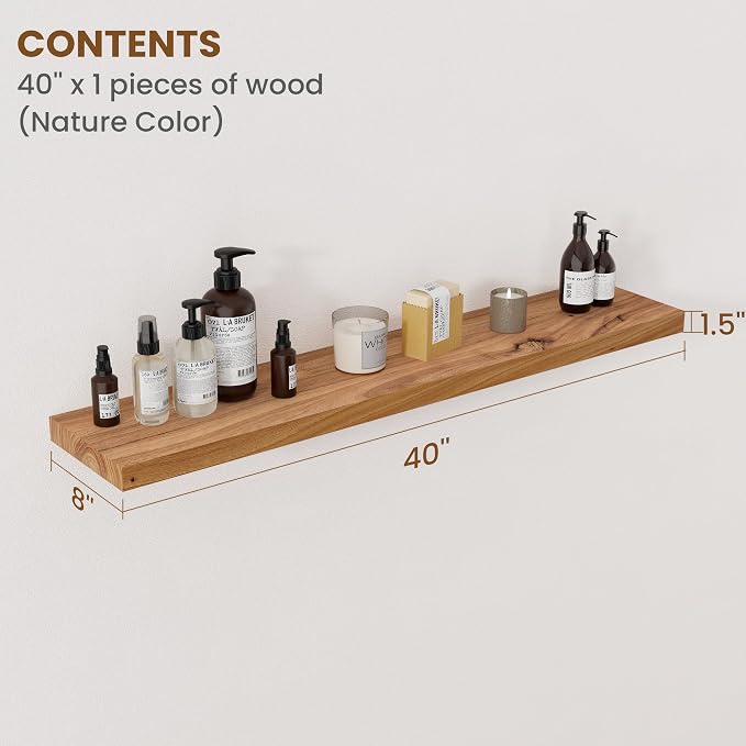 Floating Shelves for Wall Decor, 8" Deep Rustic Solid Elm Wood Floating Shelves Wall Mounted, Wall Shelves with Invisible Bracket for Living Room Bathroom Bedroom Kitchen, 40 Inch Set of 1, Natural