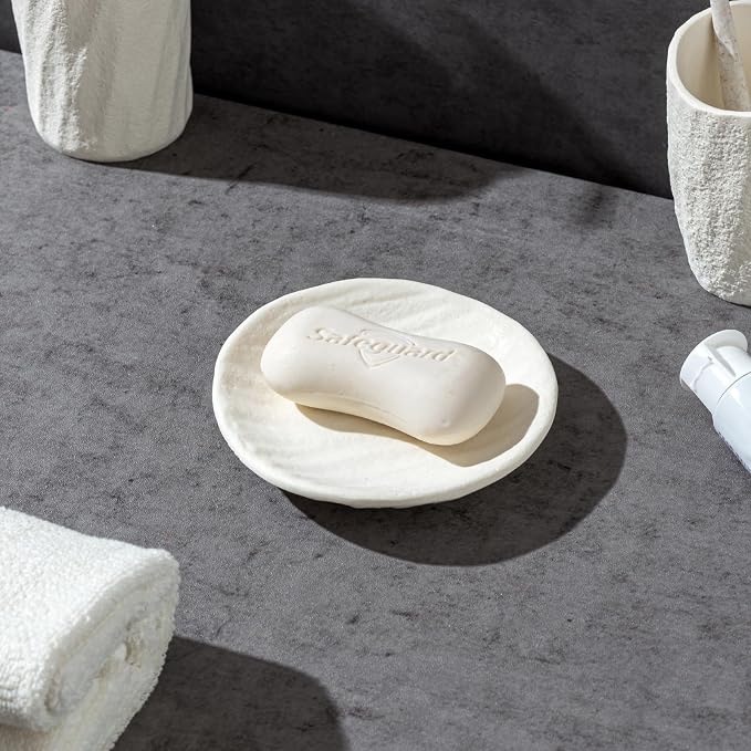 Bathroom Accessories Set, 4 PCS Modern Stone Texture, White | Minimalist, Resin, with Liquid Soap Dispenser 11.5 OZ, Tumblers, Toothbrush Holder, Bar Soap Tray, For Countertop Sink