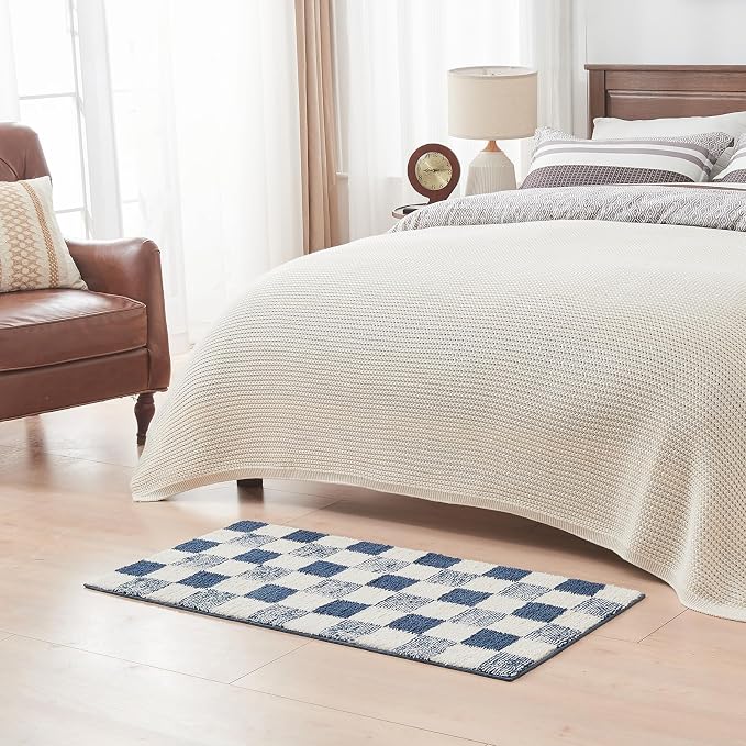 CozeCube Navy Blue Checkered Bath Mat 47"x24" Non Slip Washable Rug | For Bathroom Non Slip, Fluffy Absorbent Microfiber Bath Mats Machine Wash, Stylish Long Aesthetic Bathroom Rugs