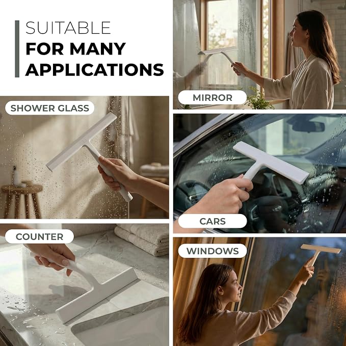 Silicone Shower Squeegee for Glass Doors & Mirrors with Stainless Steel Core, Streak-Free & No-Squeak Window Cleaning, 3-in-1 No-Drill Mount (Hook/Suction/Adhesive),White, 9 Inches
