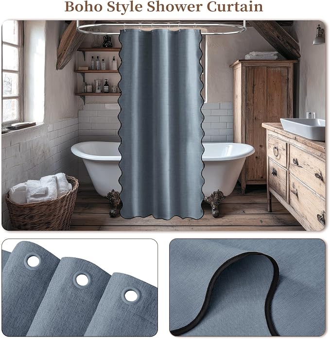 Stall Boho Scalloped Linen Textured Shower Curtain, 36x72, Blue Grey | Half Size, 230GSM Waterproof Polyester, Heavy Duty Fabric, 6 Plastic Hooks, Elegant Modern Farmhouse Style, Machine Washable