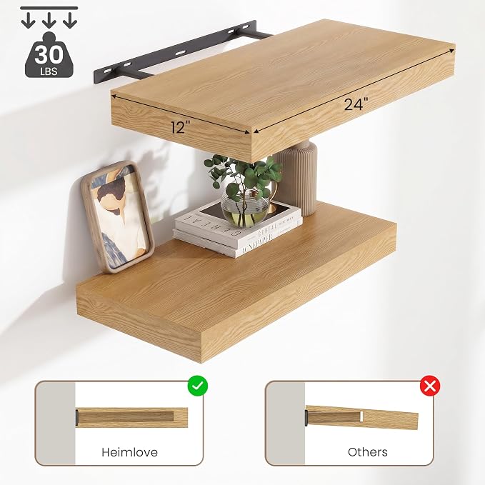 12 Inch Deep Floating Shelves for Wall, 24 Inch Wide Wall Shelves Set of 2, 2 Inch Thick Heavy Duty Invisible Wall Mounted Shelves for Kitchen Living Room,Oak Color