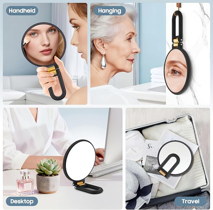 80X Magnification Vanity Mirror, 360° Adjustable Handle, Foldable Double-Sided Mirror, Handheld/Wall-Mounted/Desk-Mounted, Suitable for Makeup, Eyebrow Grooming, Portable Beauty Tool (Black)